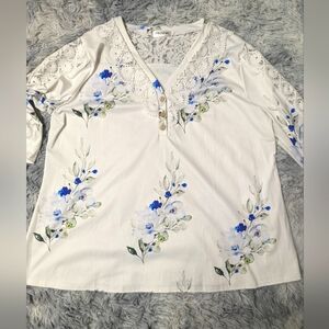 Flycurvy Ivory Floral Crochet Lace Henley Top - 3XL